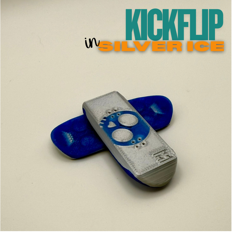 Blue and gray skateboard deck with 'KICKFLIP' text on a beige background