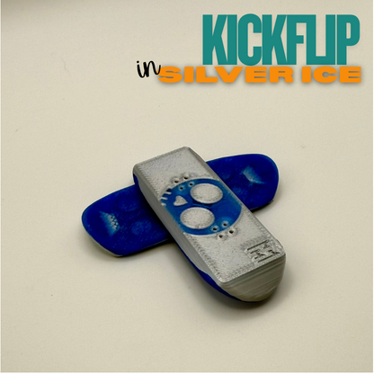 Blue and gray skateboard deck with 'KICKFLIP' text on a beige background